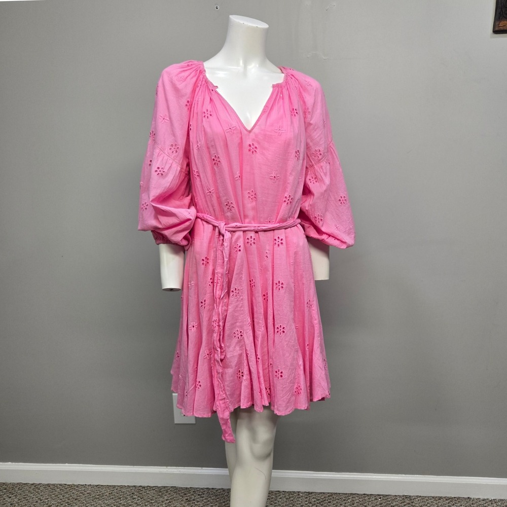 Velvet Graham & Spencer Mini Dress Small Pink Peasant Eyelet Lace Balloon Sleeve